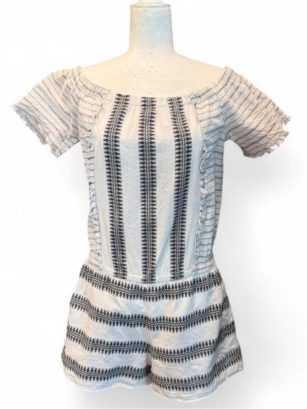 Lovestitch White Cotton Romper W/Black Vertical Stripes And Geometric Pattern. - Picture 2 of 8